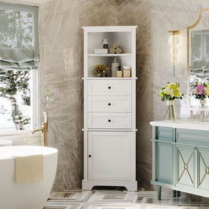 English Elm White Triangle Tall Cabinet 3-Drawer with Adjustable Shelves, Anti-Dump, MDF Painted Finish, Slim Corner Storage for Bathroom Kitchen Living Room N725P247409K