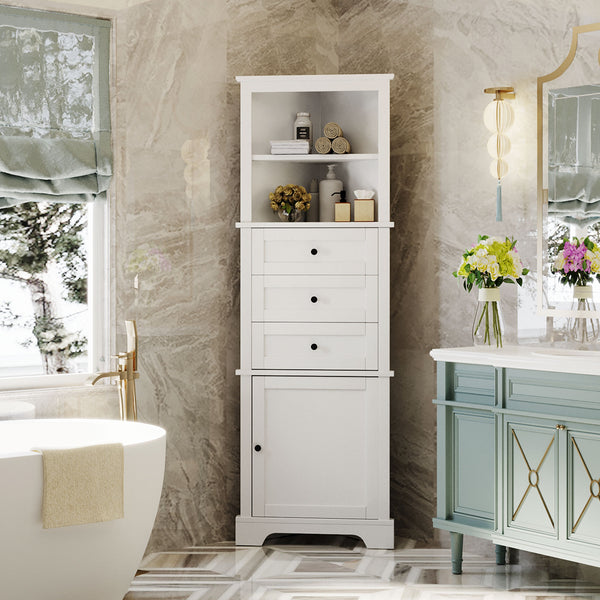 English Elm White Triangle Tall Cabinet 3-Drawer with Adjustable Shelves, Anti-Dump, MDF Painted Finish, Slim Corner Storage for Bathroom Kitchen Living Room N725P247409K
