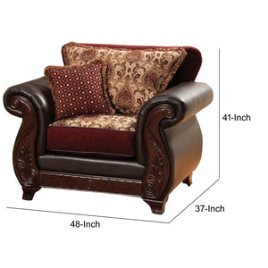 English Elm 48 Inch Throne Accent Chair Jacquard and Faux Leather Carved Apron Transitional Seating B05672035