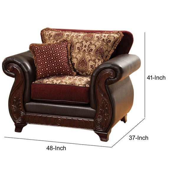 English Elm 48 Inch Throne Accent Chair Jacquard and Faux Leather Carved Apron Transitional Seating B05672035