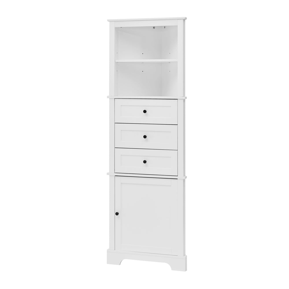 English Elm White Triangle Tall Cabinet 3-Drawer with Adjustable Shelves, Anti-Dump, MDF Painted Finish, Slim Corner Storage for Bathroom Kitchen Living Room N725P247409K