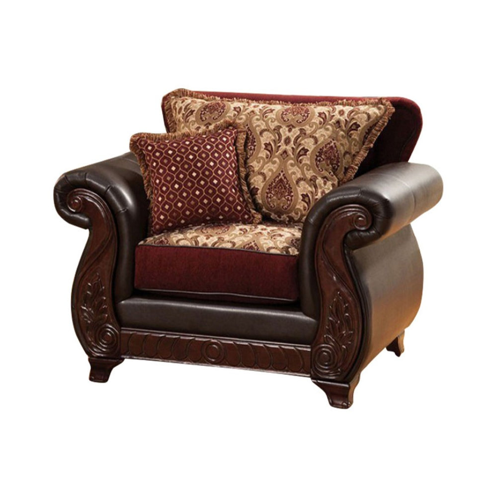 English Elm 48 Inch Throne Accent Chair Jacquard and Faux Leather Carved Apron Transitional Seating B05672035