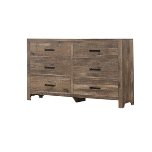 English Elm 59 Inch Six Drawer Farmhouse Dresser Weathered Pine Finish with Plank Front Detail B05672092