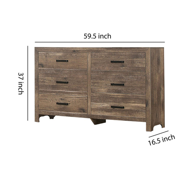 English Elm 59 Inch Six Drawer Farmhouse Dresser Weathered Pine Finish with Plank Front Detail B05672092