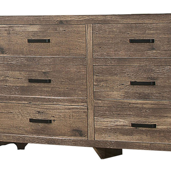 English Elm 59 Inch Six Drawer Farmhouse Dresser Weathered Pine Finish with Plank Front Detail B05672092