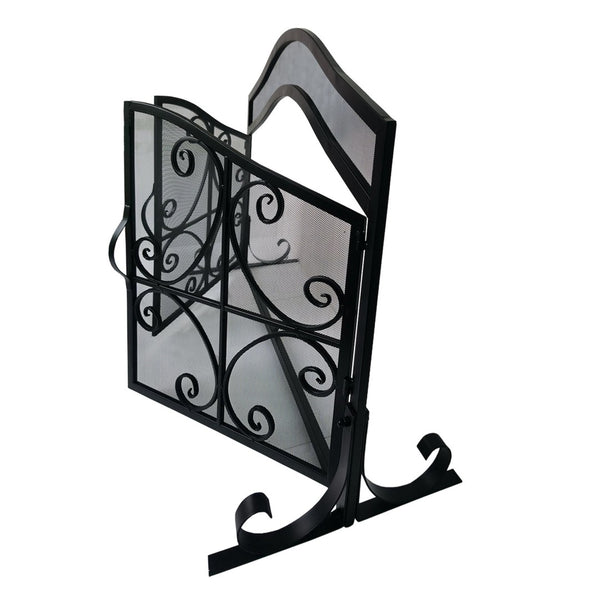 English Elm 43 Inch Iron Fireplace Screen with Arched Scrollwork Mesh and Two Front Opening Doors B05671152