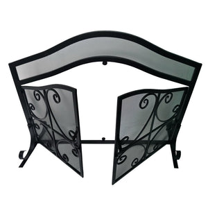 English Elm 43 Inch Iron Fireplace Screen with Arched Scrollwork Mesh and Two Front Opening Doors B05671152