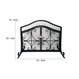 English Elm 43 Inch Iron Fireplace Screen with Arched Scrollwork Mesh and Two Front Opening Doors B05671152