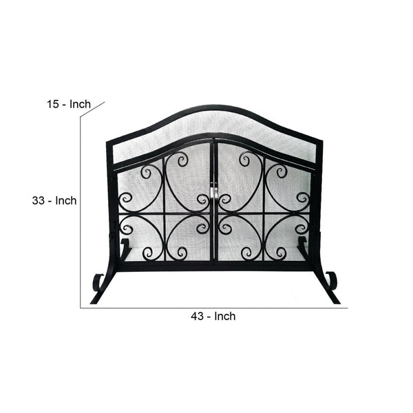 English Elm 43 Inch Iron Fireplace Screen with Arched Scrollwork Mesh and Two Front Opening Doors B05671152