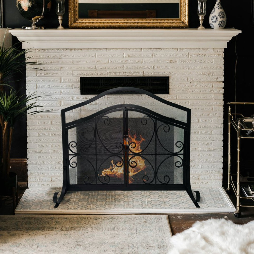 English Elm 43 Inch Iron Fireplace Screen with Arched Scrollwork Mesh and Two Front Opening Doors B05671152