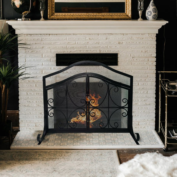 English Elm 43 Inch Iron Fireplace Screen with Arched Scrollwork Mesh and Two Front Opening Doors B05671152