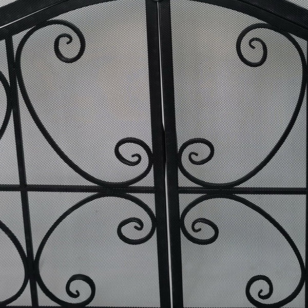 English Elm 43 Inch Iron Fireplace Screen with Arched Scrollwork Mesh and Two Front Opening Doors B05671152