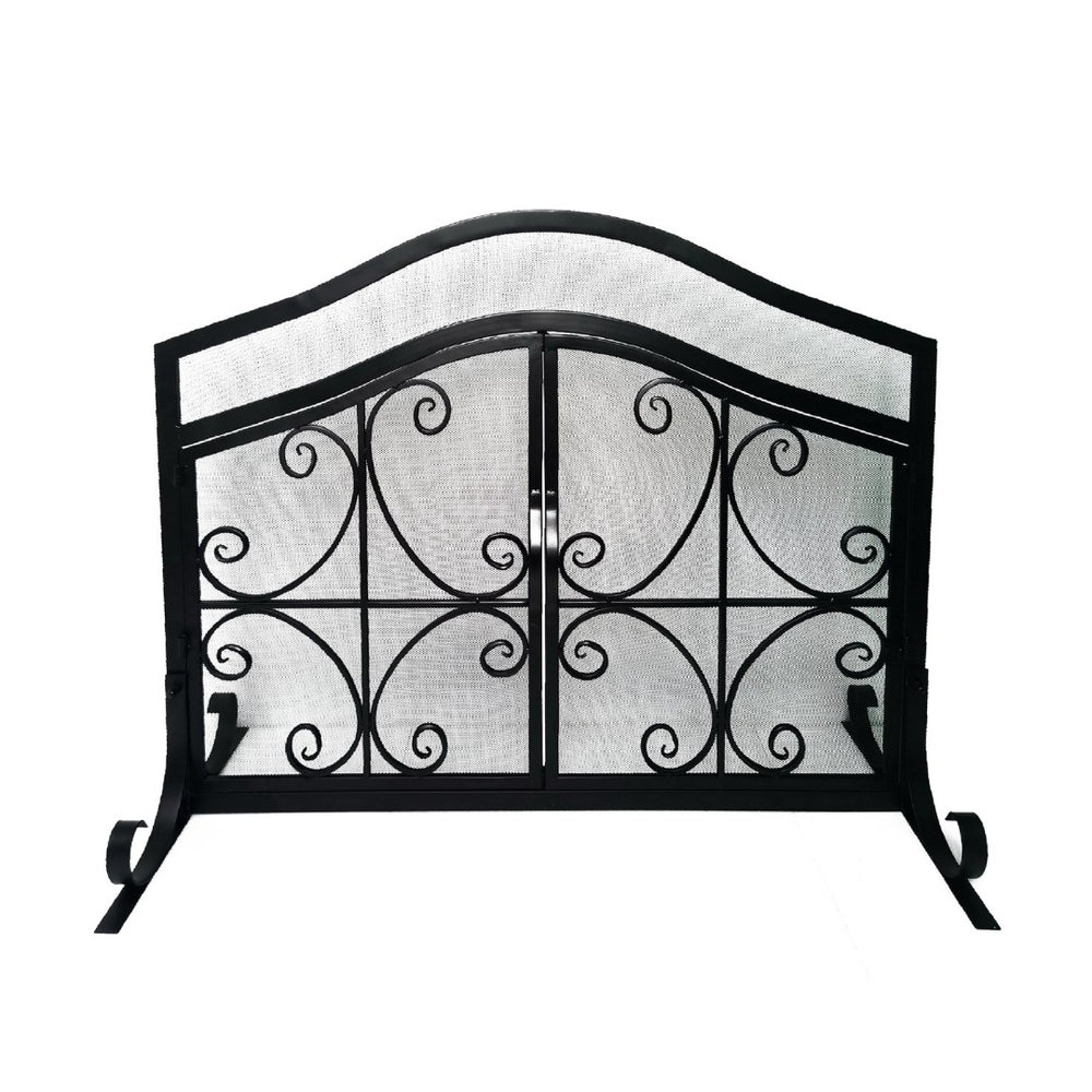 English Elm 43 Inch Iron Fireplace Screen with Arched Scrollwork Mesh and Two Front Opening Doors B05671152