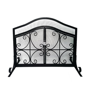 English Elm 43 Inch Iron Fireplace Screen with Arched Scrollwork Mesh and Two Front Opening Doors B05671152