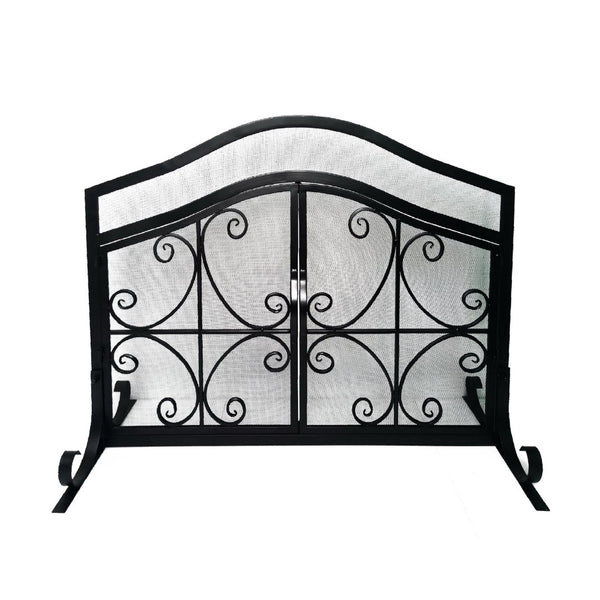 English Elm 43 Inch Iron Fireplace Screen with Arched Scrollwork Mesh and Two Front Opening Doors B05671152