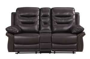 English Elm Global United Leather Air Reclining Console Loveseat with Lumbar Support, Stainless Steel Base, Plush Upholstery Brown B05777734