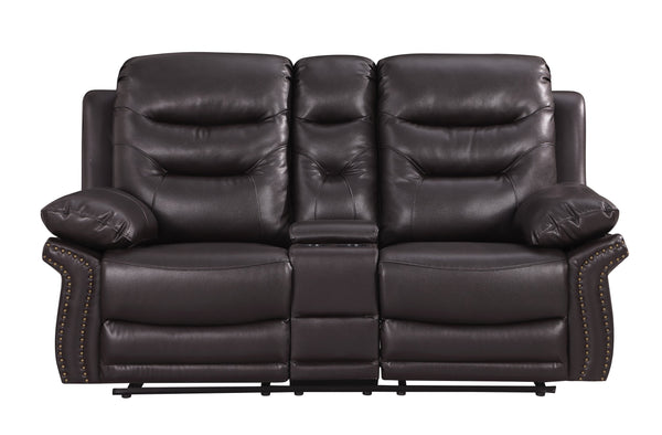 English Elm Global United Leather Air Reclining Console Loveseat with Lumbar Support, Stainless Steel Base, Plush Upholstery Brown B05777734