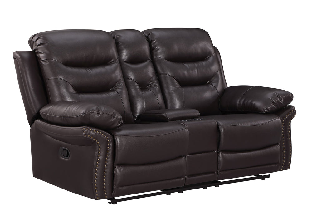 English Elm Global United Leather Air Reclining Console Loveseat with Lumbar Support, Stainless Steel Base, Plush Upholstery Brown B05777734