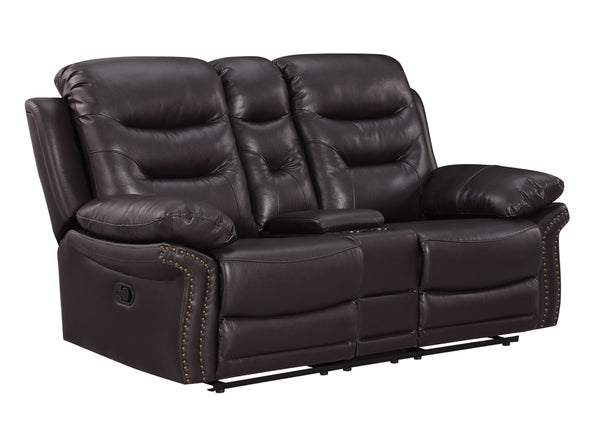 English Elm Global United Leather Air Reclining Console Loveseat with Lumbar Support, Stainless Steel Base, Plush Upholstery Brown B05777734