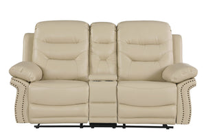 English Elm Global United Leather Air Reclining Console Loveseat with Lumbar Support, Stainless Steel Base, Plush Upholstery Beige B05777731