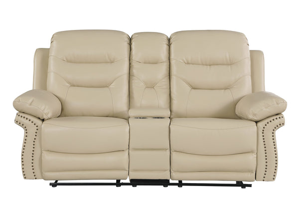 English Elm Global United Leather Air Reclining Console Loveseat with Lumbar Support, Stainless Steel Base, Plush Upholstery Beige B05777731