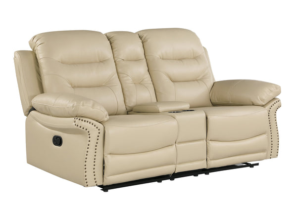 English Elm Global United Leather Air Reclining Console Loveseat with Lumbar Support, Stainless Steel Base, Plush Upholstery Beige B05777731