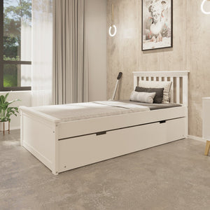 English Elm White Twin Trundle Bed Solid Wood, Heavy-Duty Malibu Frame with Space-Saving Pull-Out Trundle Bed B03778714
