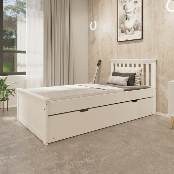 English Elm White Twin Trundle Bed Solid Wood, Heavy-Duty Malibu Frame with Space-Saving Pull-Out Trundle Bed B03778714