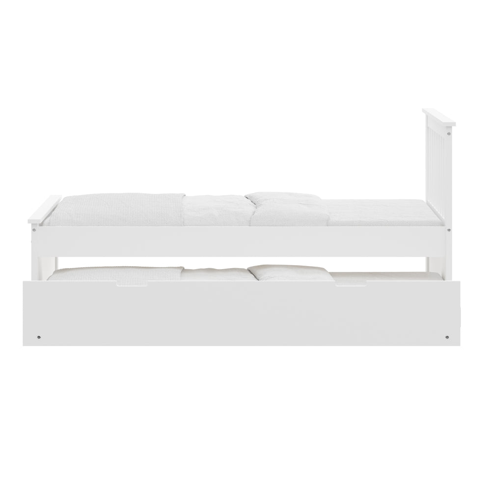 English Elm White Twin Trundle Bed Solid Wood, Heavy-Duty Malibu Frame with Space-Saving Pull-Out Trundle Bed B03778714