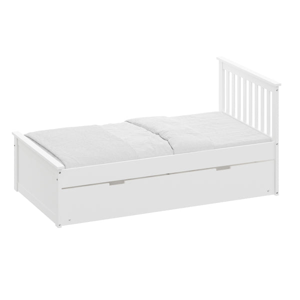 English Elm White Twin Trundle Bed Solid Wood, Heavy-Duty Malibu Frame with Space-Saving Pull-Out Trundle Bed B03778714