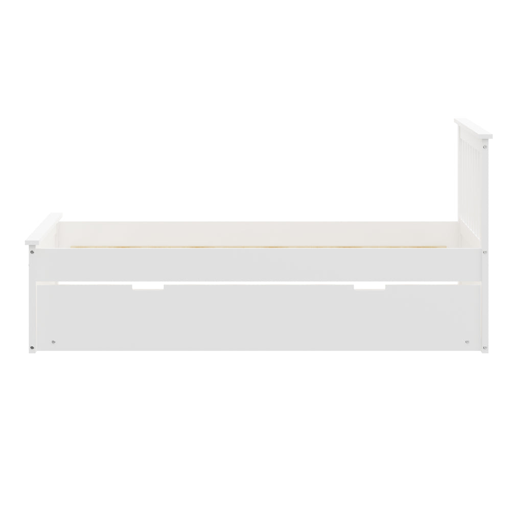 English Elm White Twin Trundle Bed Solid Wood, Heavy-Duty Malibu Frame with Space-Saving Pull-Out Trundle Bed B03778714