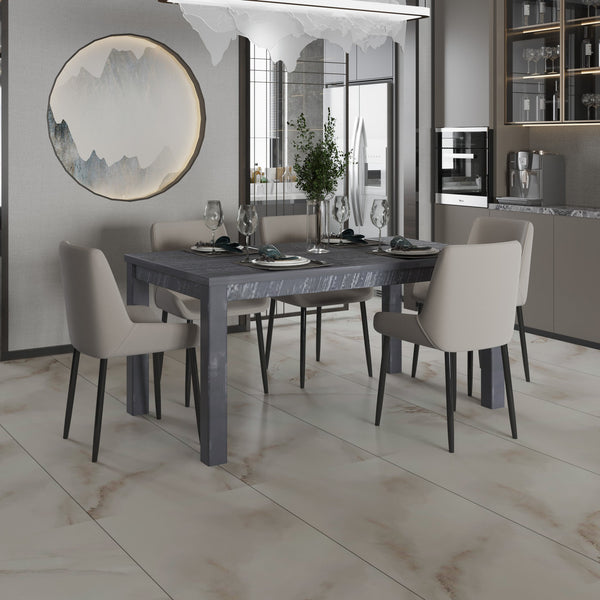 English Elm Albany Solid Wood Dining Table 63" for 6 — Durable Brazilian Craftsmanship, Natural Grain Elegance Gray B03778716