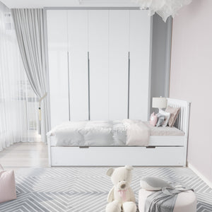 English Elm White Twin Trundle Bed Solid Wood, Heavy-Duty Malibu Frame with Space-Saving Pull-Out Trundle Bed B03778714