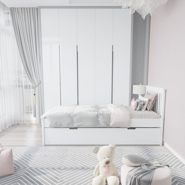 English Elm White Twin Trundle Bed Solid Wood, Heavy-Duty Malibu Frame with Space-Saving Pull-Out Trundle Bed B03778714