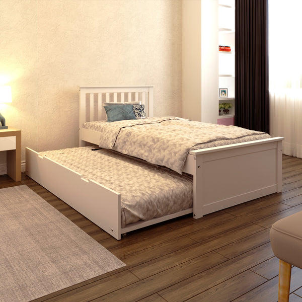 English Elm White Twin Trundle Bed Solid Wood, Heavy-Duty Malibu Frame with Space-Saving Pull-Out Trundle Bed B03778714
