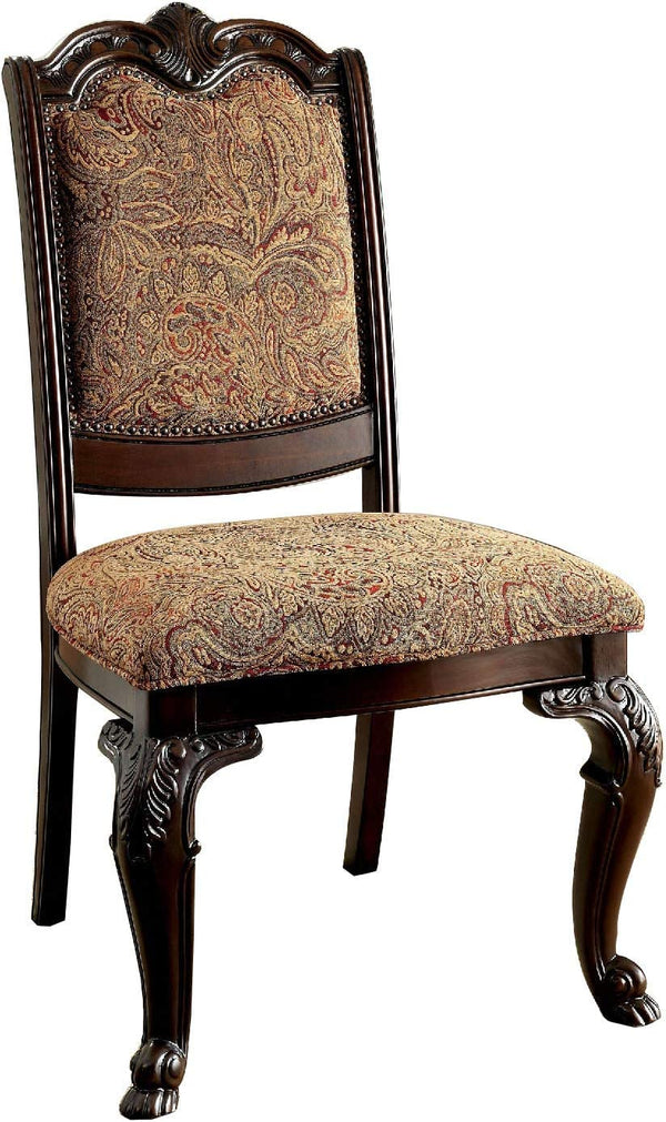 English Elm Traditional Brown Cherry Side Chairs Set of 2 - Solid Wood Dining Chairs with Damask Upholstered Seats, Carved Details B01178730