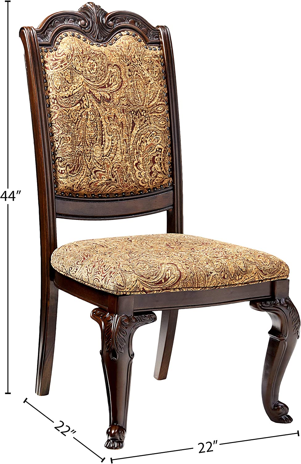 English Elm Traditional Brown Cherry Side Chairs Set of 2 - Solid Wood Dining Chairs with Damask Upholstered Seats, Carved Details B01178730