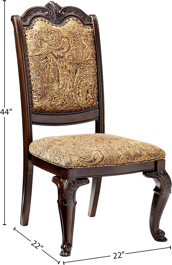 English Elm Traditional Brown Cherry Side Chairs Set of 2 - Solid Wood Dining Chairs with Damask Upholstered Seats, Carved Details B01178730