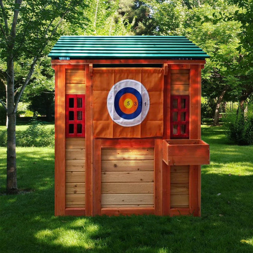 English Elm Eco-friendly Solid Fir Kids Outdoor Playhouse with 4 Built-in Backyard Games W155966762