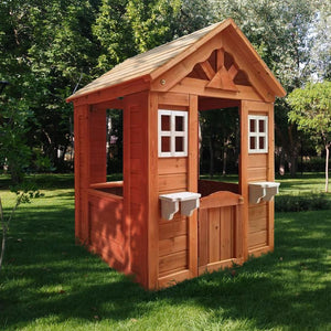 English Elm All Firwood Kids Outdoor Playhouse with Half Door Windows and Flowerpot Holders W155966852