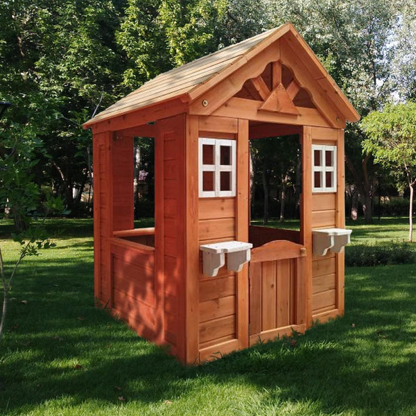 English Elm All Firwood Kids Outdoor Playhouse with Half Door Windows and Flowerpot Holders W155966852