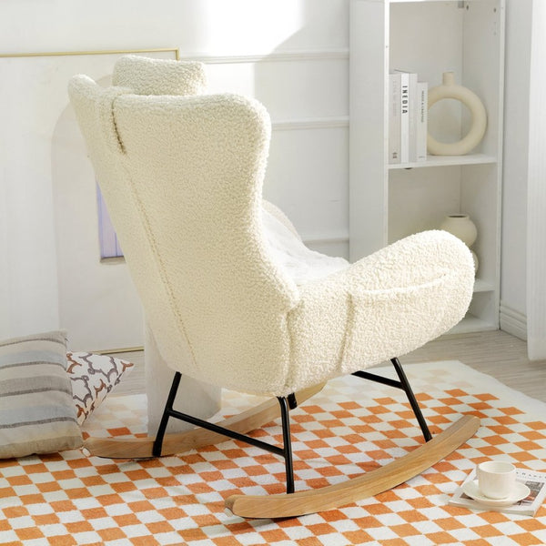 English Elm Rocking Glider Chair Teddy Upholstered High Back with Adjustable Headrest for Nursery W680127248