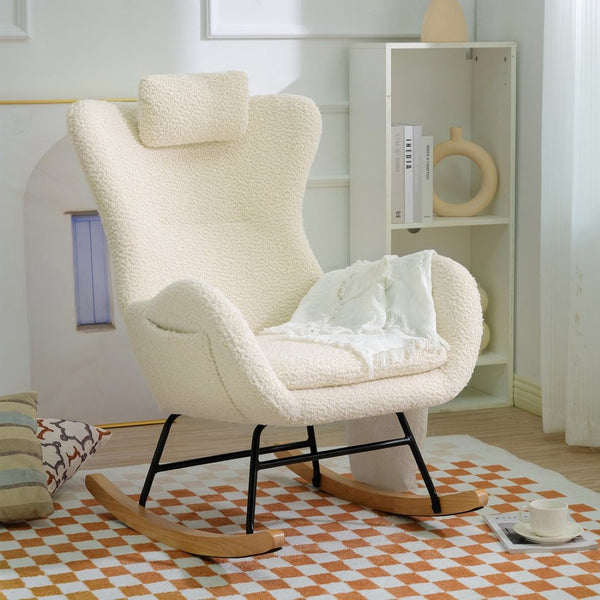 English Elm Rocking Glider Chair Teddy Upholstered High Back with Adjustable Headrest for Nursery W680127248