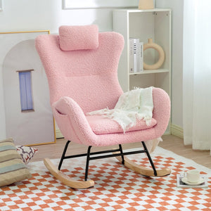 English Elm Rocking Glider Chair Teddy Upholstered High Back with Adjustable Headrest for Nursery W680127263