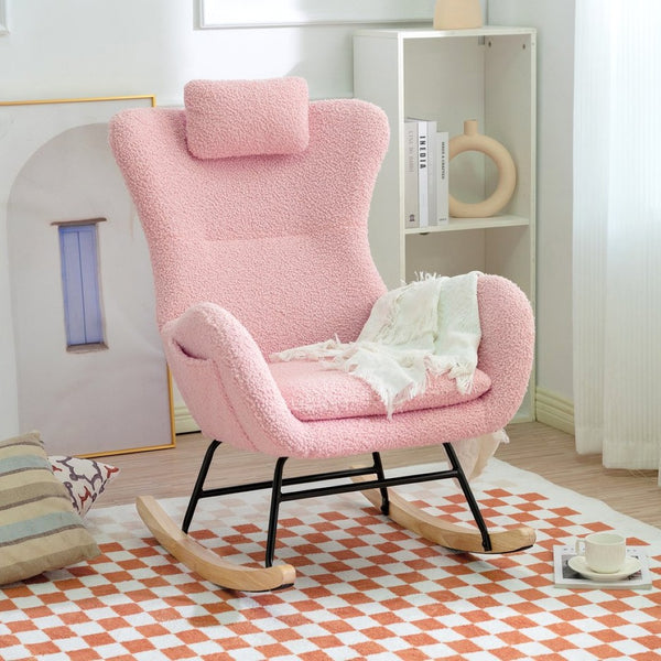 English Elm Rocking Glider Chair Teddy Upholstered High Back with Adjustable Headrest for Nursery W680127263