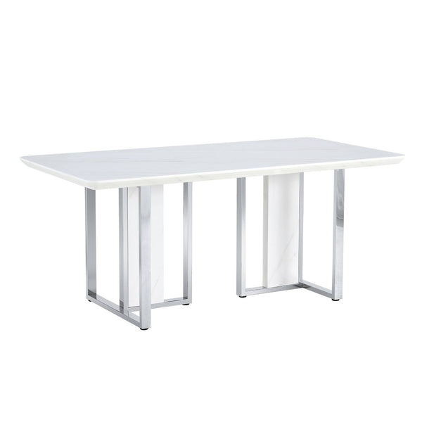English Elm A Minimalist White Patterned Mdf Dining Table with Sleek Stainless Steel Base W1151S03652