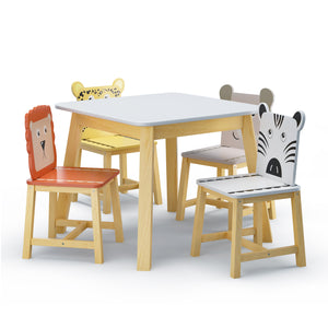 English Elm 5 Kids Wood Table and Chair Set, Solid White 5-Piece Kids Furniture, Cartoon Back Chairs, Sturdy W80860280