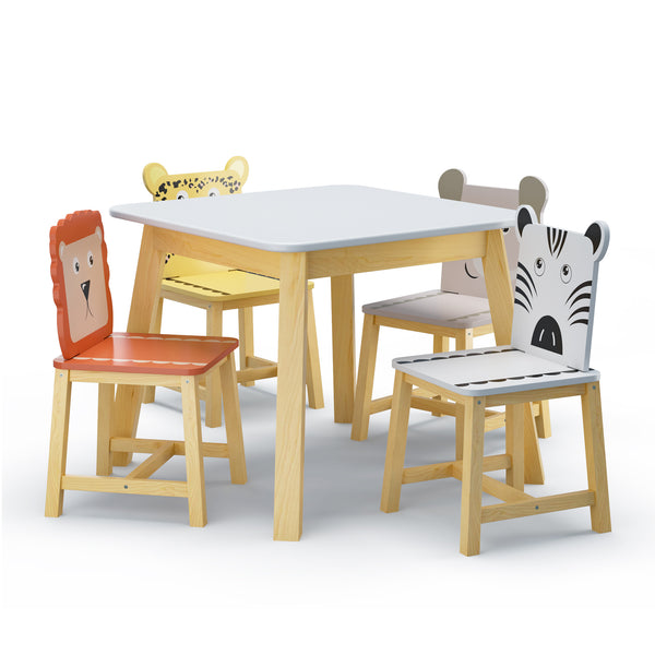 English Elm 5 Kids Wood Table and Chair Set, Solid White 5-Piece Kids Furniture, Cartoon Back Chairs, Sturdy W80860280