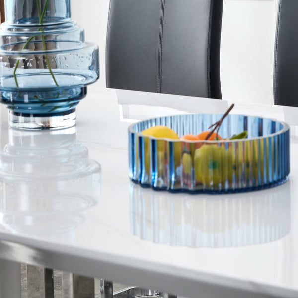 English Elm A Minimalist White Patterned Mdf Dining Table with Sleek Stainless Steel Base W1151S03652