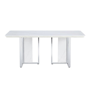 English Elm A Minimalist White Patterned Mdf Dining Table with Sleek Stainless Steel Base W1151S03652